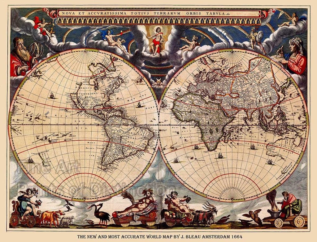 1664 Latin World Map by J. Blaeu Fine Art Cartography Print