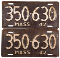 antique pair of 1942 Massachusetts car license plates grading very good