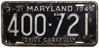 An antique 1945 Maryland passenger car license plate for sale at Brandywine General Store. in good condition with tack holes