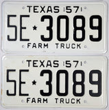 A pair of 1957 Texas farm truck license plates in excellent minus condition