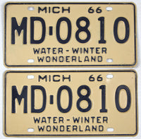 A pair of classic 1966 Michigan passenger automobile license plates for sale by Brandywine General Store in very good plus condition