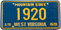 1969 West Virginia 4digit DMV number of 1920 car license plate in very good plus condition