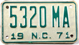 1971 North Carolina motorcycle license plate grading excellent minus