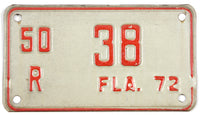 An unused classic NOS 1972 Florida Motorcycle License Plate for sale by Brandywine General Store in very good plus condition