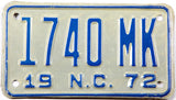 1972 North Carolina motorcycle license plate grading excellent