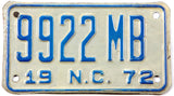 1972 North Carolina motorcycle license plate grading very good plus