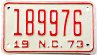 1973 North Carolina motorcycle license plate grading excellent minus