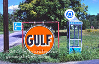 art print of antiqe gulf gas sign and vintage bell pay telephone