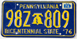 1976 Pennsylvania bicentennial license plate grading excellent minus