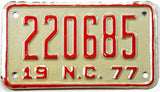 1977 North Carolina motorcycle license plate grading excellent minus