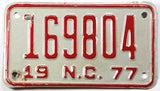 1977 North Carolina motorcycle license plate grading very good plus