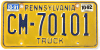 1992 Pennsylvania truck license plate grading very good minus