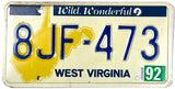 1992 West Virginia car license plate in very good condition