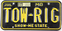 1993 Missouri personalized license plate with Tow Rig grading very good plus