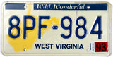 1993 West Virginia car license plate in very good plus condition