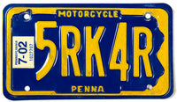 2002 Pennsylvania motorcycle license plate grading excellent minus