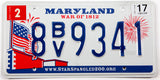 2017 Maryland War of 1812 car license plate grading excellent