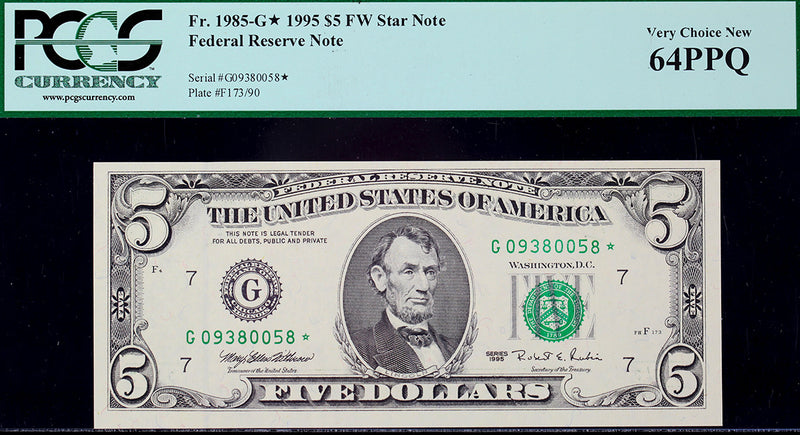 Fr 1985-G* Five Dollar Federal Reserve Star Note 1995 series PCGS 64PPQ