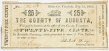 Obsolete currency issued by the County of Augusta from Staunton Virginia in the amount of twenty five cents on May 25, 1862 for sale by Brandywine General Store in very good condition