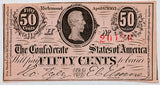 A T-63 Fifty Cents PF-03 obsolete bill issued by the Southern Central Government during the Civil War in 1863 for sale by Brandywine General Store in AU condition