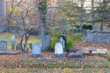 art print of Burwell Cemetery with long rock wall, tombstones and trees