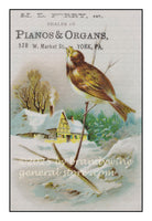 art print of piano and organ dealer ad of a snowy winter scene with bird and house