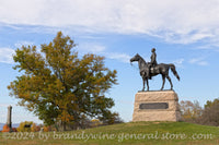 art print of General Meade equestrian statue with large tree in Gettysburg National Park