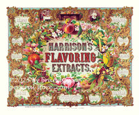 colorful art print of 1853 ad for Harrisons flavoring extracts