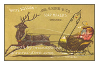 art print of antique ad for Kirks White Russian soap makers with reindeer pulling sled.