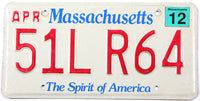 2012 Massachusetts car license plate grading very good plus