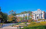 art print of Oglebay Hall with traffic circle and fall colors WVU campus