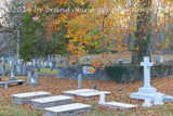 Burwell Cemetery with stone wall and large Fall colored tree art print