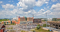 art print of Ruby Memorial hospital and corner of WVU football stadium