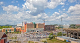 art print of Ruby Memorial hospital and corner of WVU football stadium