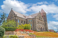 art print of Stewart hall with new rock wall construction WVU campus