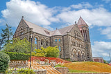 art print of Stewart hall with new rock wall construction WVU campus