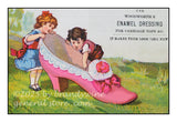 art print of an antique Woodworth's Enamel Dressing ad with children and giant shoe