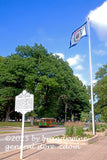 art print of WV state flag, road sign and trolley car in state capitol of Charleston