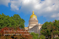 art print of WV state capitol gold dome in midst of trees