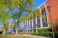 art print of Mountainlair on WVU campus with trees and lamp post