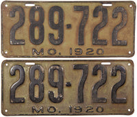 A pair of antique 1920 Missouri passenger car license plates grading very good minus