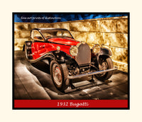 A premium poster of a 1932 Red Bugatti Antique luxury Car