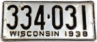 1938 Wisconsin license plate for a passenger automobile grading very good with tack hole