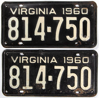 A pair of 1960 Virginia car license plates in very good minus condition