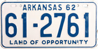 A 1962 Arkansas Passenger Car License Plate grading excellent minus