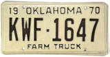 A NOS 1970 Oklahoma farm truck license plate in excellent minus condition