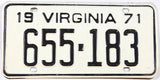 A classic 1971 Virginia license plate in very good plus condition