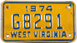 A classic 1974 West Virginia motorcycle license plate in very good plus condition