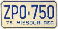 1975 Missouri License Plate in excellent minus condition