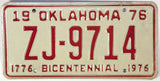 An Oklahoma license plate commemorating the Bicentennial in excellent condition